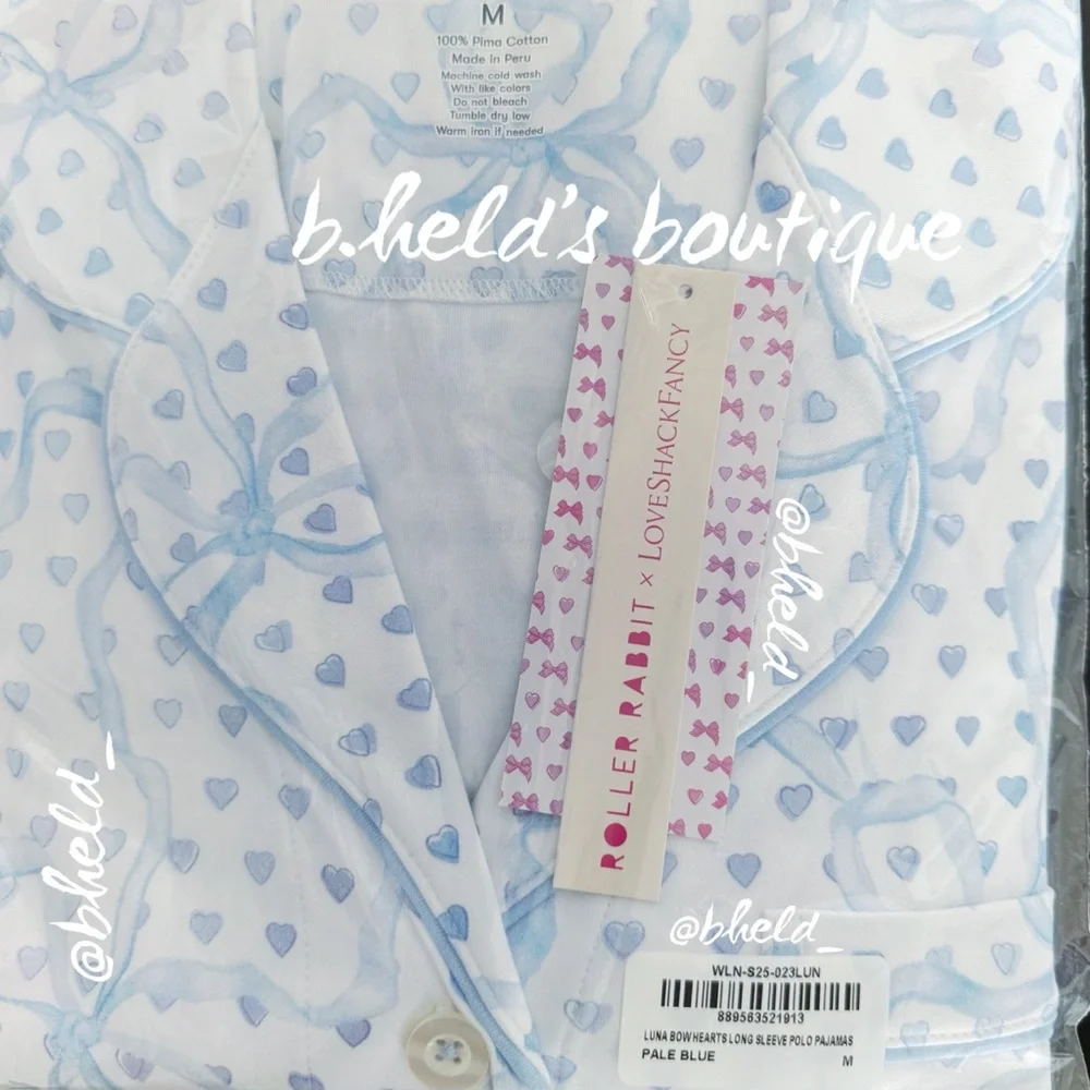 Roller Rabbit x LoveShackFancy Luna Bow Hearts Long Sleeve Polo Pajamas PaleBlue - Picture 13 of 15